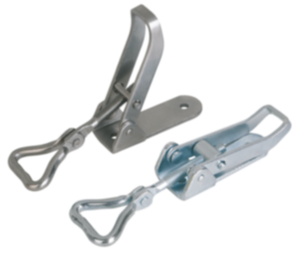 Cierres acodados de acero o acero inoxidable con brida de sujeción triangular móvil hasta 1000N, ajustables, perforaciones atornilladas visibles Cierres acodados de acero o acero inoxidable con brida de sujeción triangular móvil hasta 1000N, ajustables, perforaciones atornilladas visibles