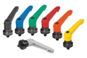 Alavancas de aperto de plástico com rosca macho, elemento de reforço para o aumento da força de fixação, inserto roscado de aço brunido Alavancas de aperto de plástico com rosca macho, elemento de reforço para o aumento da força de fixação, inserto roscado de aço brunido