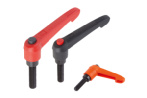 Clamping levers, plastic with external thread and push button, threaded insert black oxidised steel Clamping levers, plastic with external thread and push button, threaded insert black oxidised steel