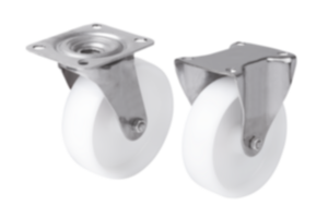 Ruedas fijas y rodillos guía de acero inoxidable con rueda de poliamida, versión estándar Ruedas fijas y rodillos guía de acero inoxidable con rueda de poliamida, versión estándar