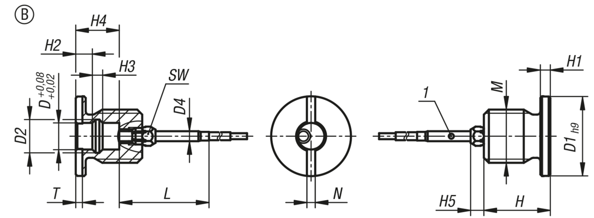 Casquillos receptores de acero inoxidable con sensor de estado, forma B, rosca y collar