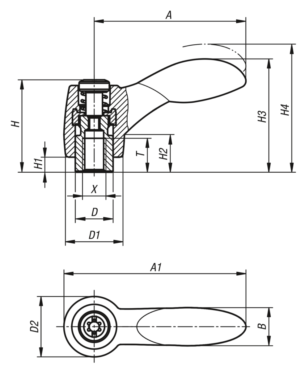Palanca de sujeción 2K con rosca interior, partes de acero inoxidable