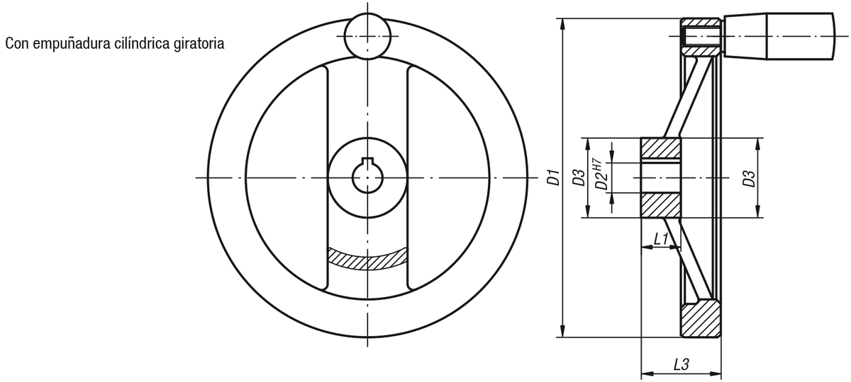 Ruedas de mano de dos radios de aluminio, llanta de la rueda recta, con empuñadura cilíndrica giratoria