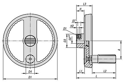 Volantes de disco de aluminio con empuñadura cilíndrica giratoria, forma B, con agujero de referencia, chavetero y perforación transversal