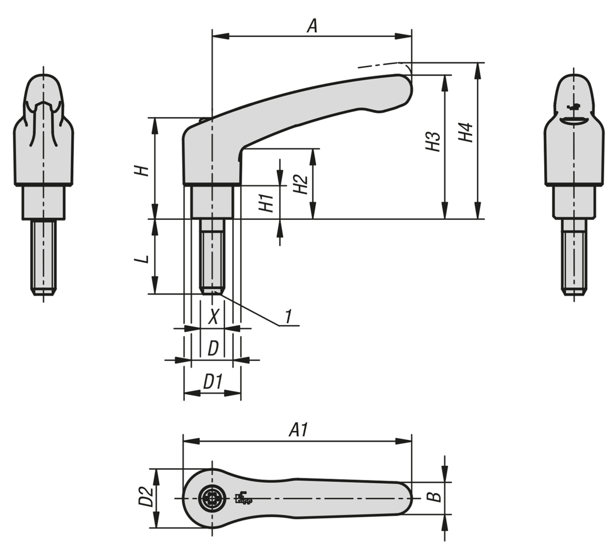 Palancas de sujeción de plástico con collar alargado y rosca exterior, partes de acero, de acero inoxidable