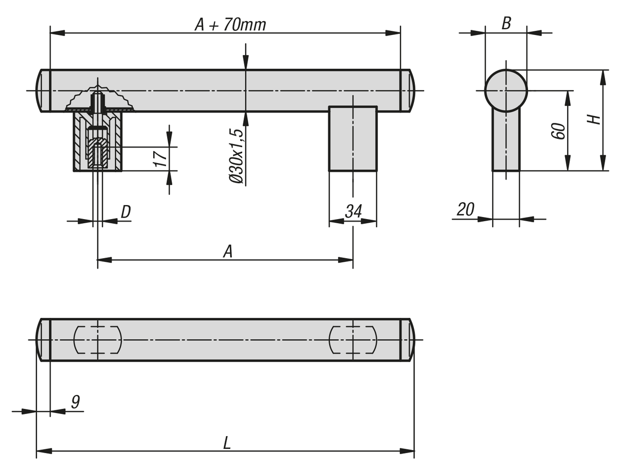 Empuñaduras de tubo de aluminio con soporte de tubo de plástico