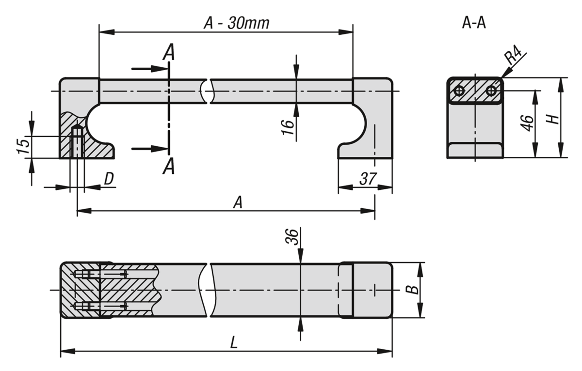 Empuñaduras curvas de aluminio cuadradas