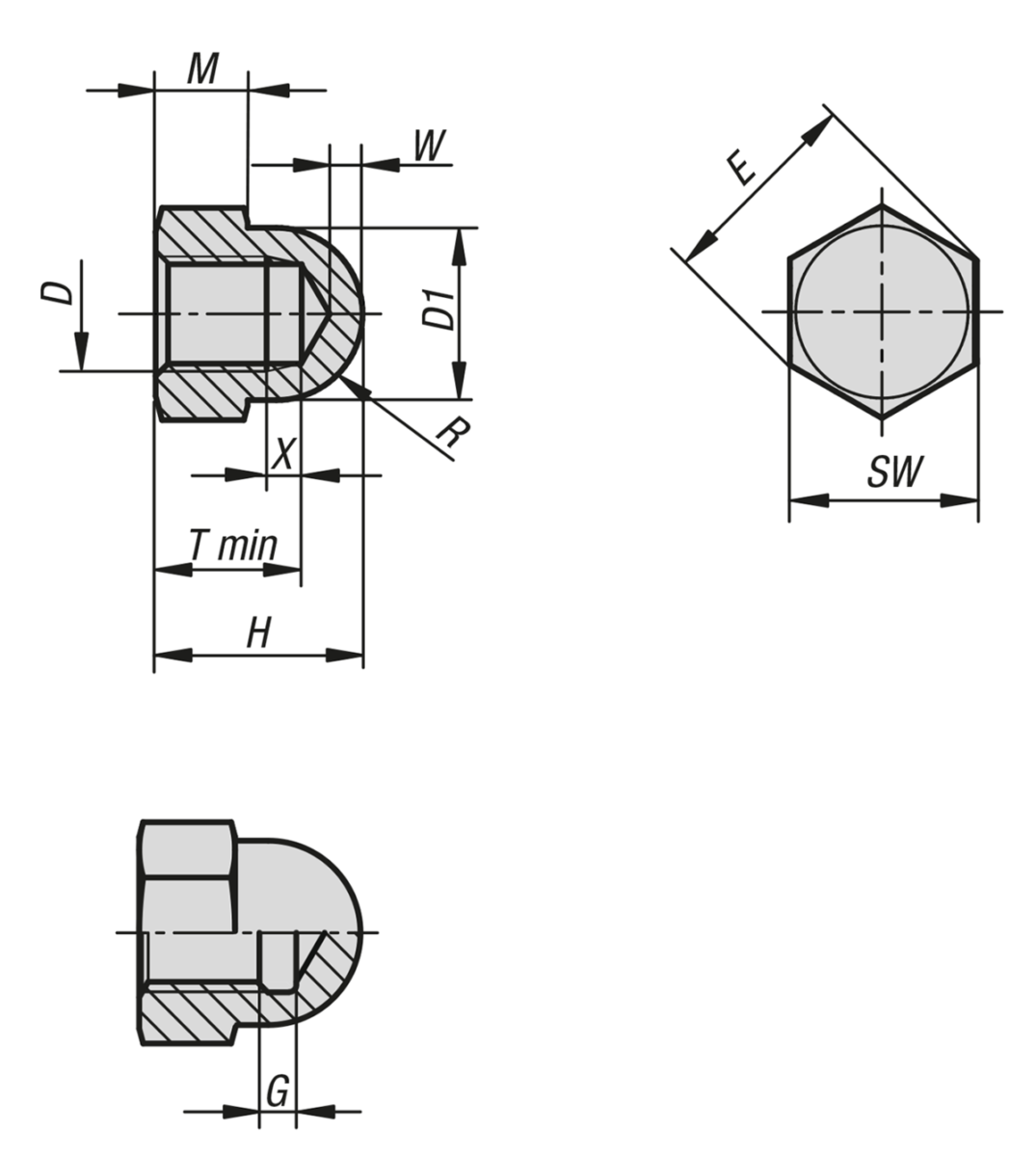 Tuercas de sombrerete hexagonales, versión alta, DIN 1587 de acero o acero inoxidable