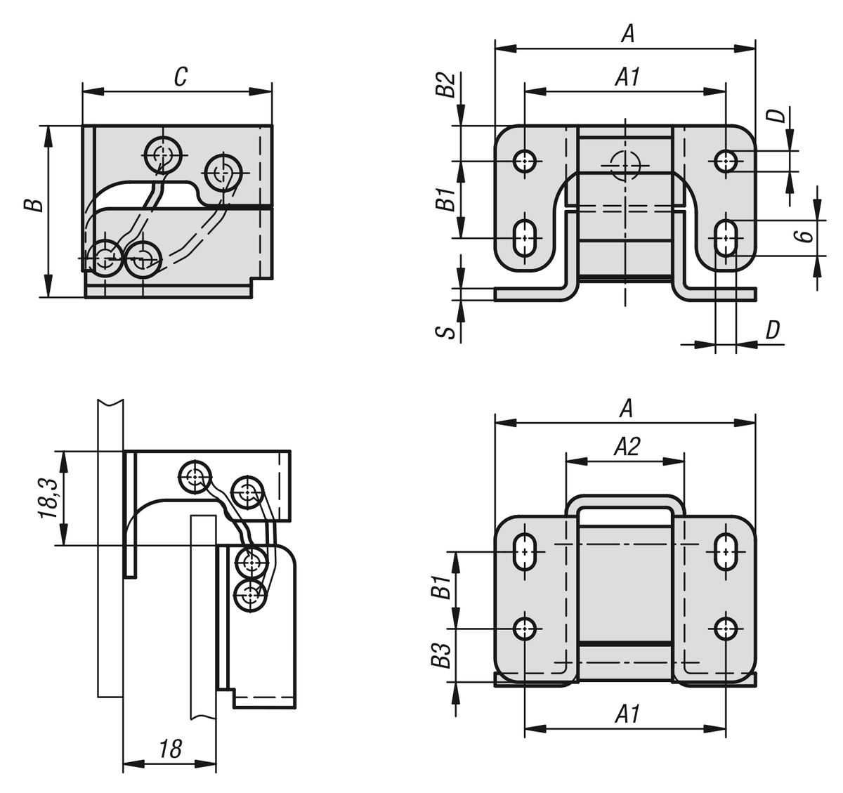Bisagras de acero o acero inoxidable interiores, ángulo de apertura 90°