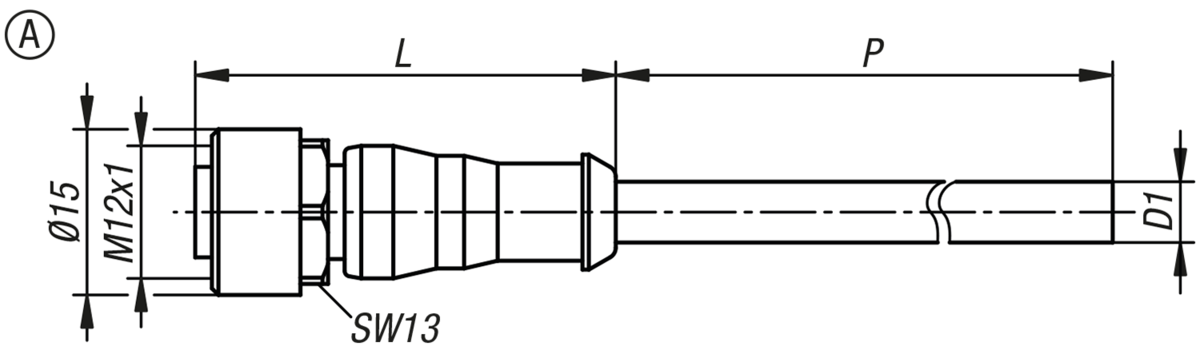 Conectores macho, casquillo M12x1 con cierre de rosca sin apantallar, forma A, casquillo recto
