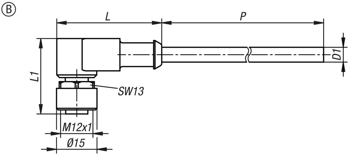 Conectores macho, casquillo M12x1 con cierre de rosca sin apantallar, forma B, casquillo acodado