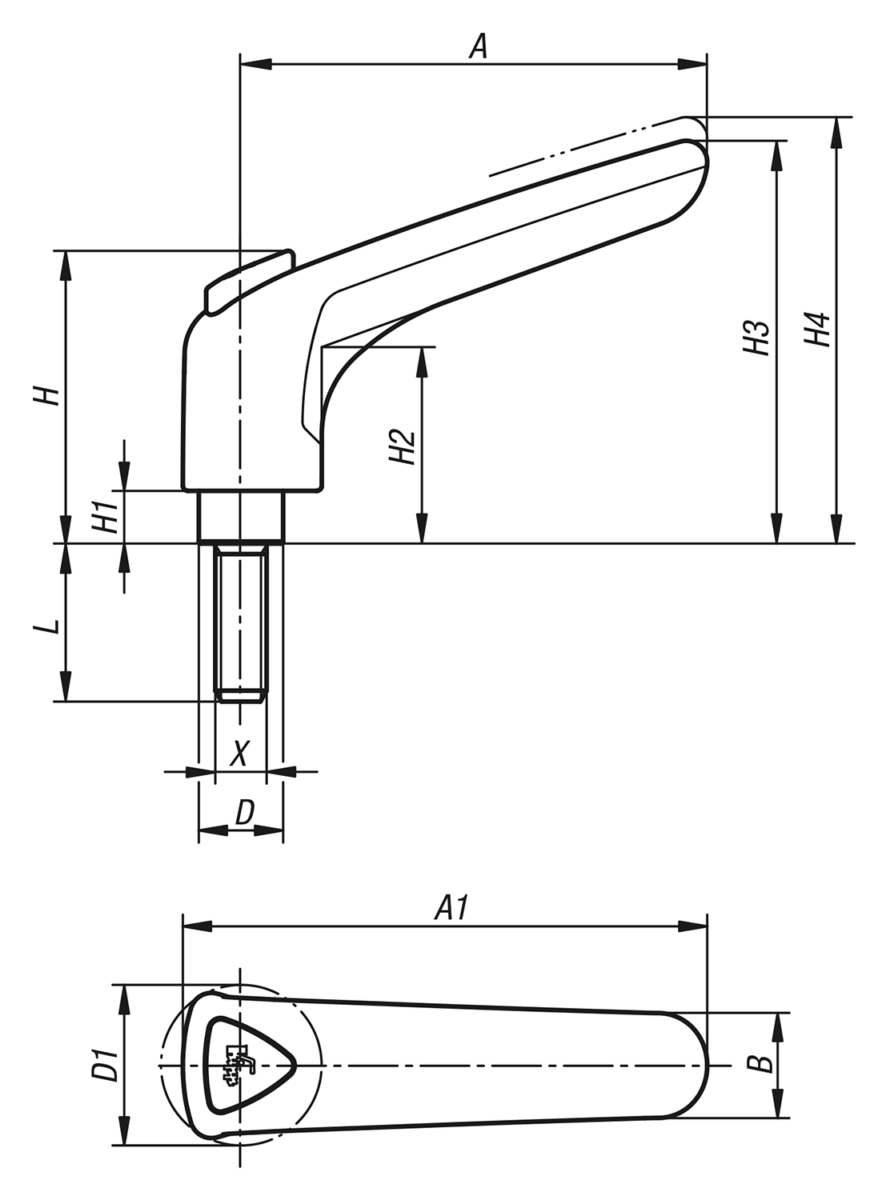 Palancas de sujeción de plástico ergonómicas con rosca exterior, inserto roscado de acero pasivado en azul