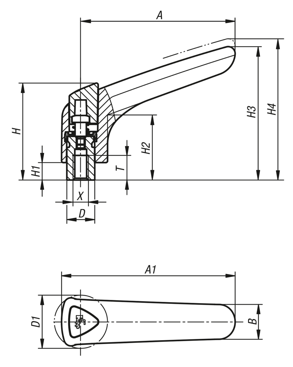 Palancas de sujeción de plástico ergonómicas con rosca interior, inserto roscado de acero pasivado en azul