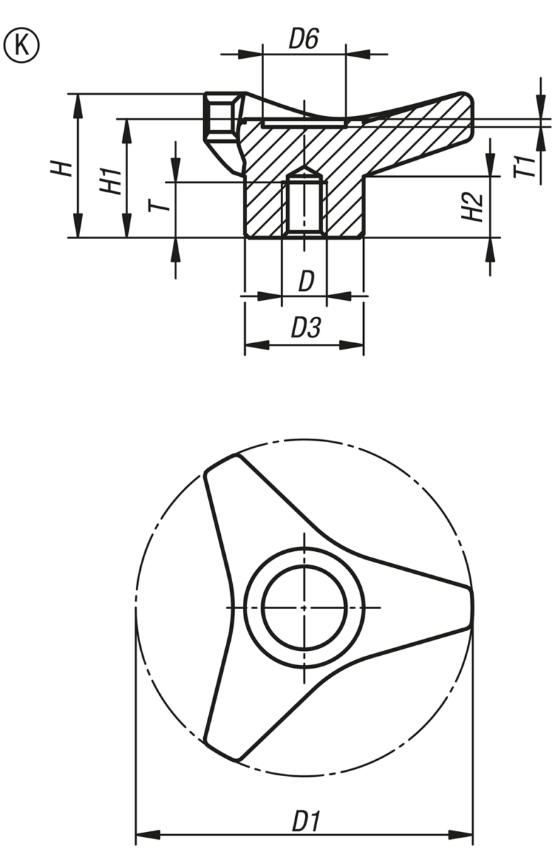 Empuñadura de estrella de tres picos, forma K